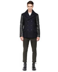 Mackage Clyde Navy Winter Wool Jacket With Leather Sleeves