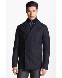 Moncler Double Breasted Wool Peacoat With Removable Down Bib