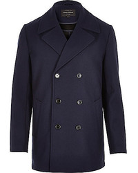 River Island Navy Smart Textured Double Breasted Pea Coat