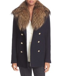 Theory Overby Belmore Wool Cashmere Peacoat With Genuine Fox Fur Collar