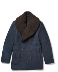 Kent & Curwen Shearling Trimmed Felted Wool Blend Peacoat