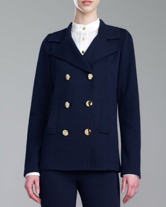 St. John Collection Double Breasted Milano Knit Pea Coat Navy