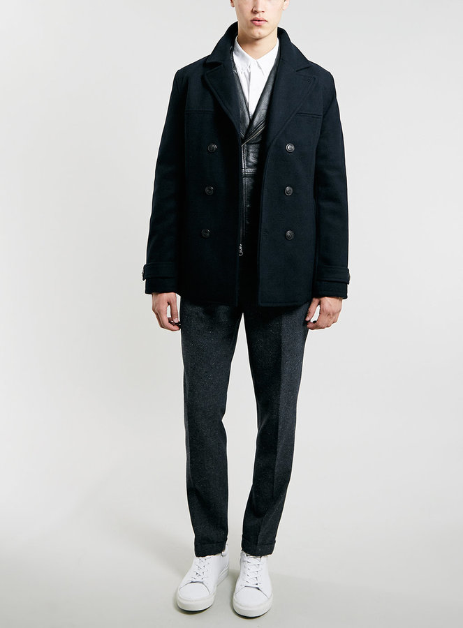 Topman Navy Wool Slim Fit Pea Coat, $170 | Topman | Lookastic