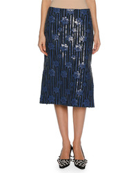 Marni Sequined Flowerbed Pencil Skirt Blue