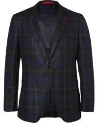 Isaia Navy Checked Silk Linen And Wool Blend Blazer