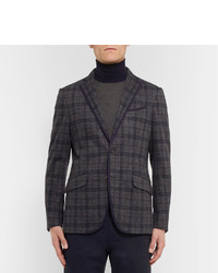 Etro Blue Slim Fit Checked Cotton And Wool Blend Blazer