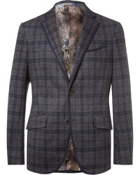 Etro Blue Slim Fit Checked Cotton And Wool Blend Blazer