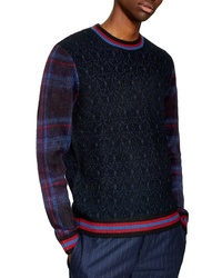 Topman Tartan Sleeve Boucle Sweater