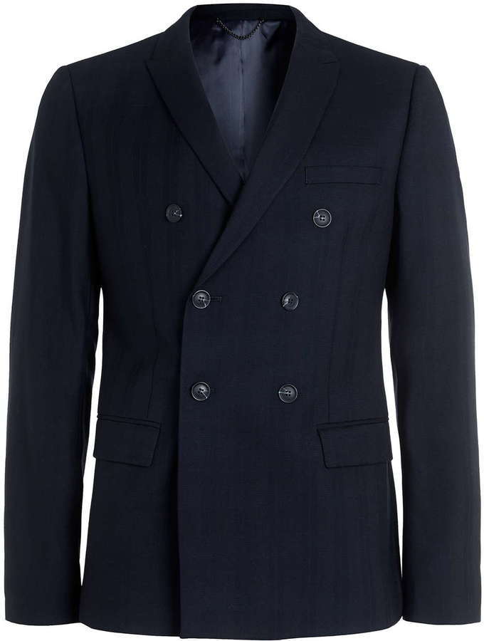 Topman Navy Double Breasted Skinny Fit Suit Jacket With Subtle Check ...