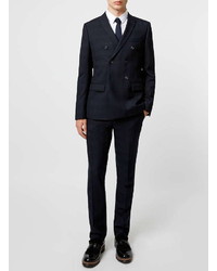 Topman Navy Double Breasted Skinny Fit Suit Jacket With Subtle Check