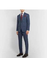 Thom Sweeney Blue Slim Fit Checked Wool Silk And Linen Blend Suit Trousers