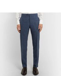 Thom Sweeney Blue Slim Fit Checked Wool Silk And Linen Blend Suit Trousers