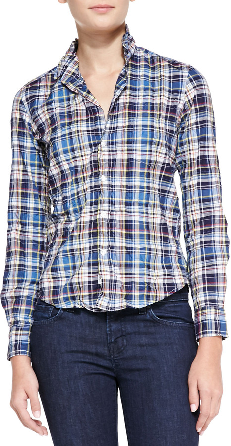 Frank Eileen Barry Plaid Button Down Shirt Navy, $178 | Neiman Marcus ...