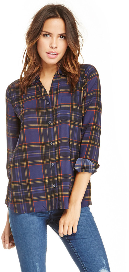 Joa Classic Plaid Sheer Shirt In Navy S L, $54 | DailyLook | Lookastic
