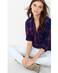 Navy And Pink Plaid Oversized Shirt
