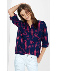 Navy And Pink Plaid Oversized Shirt