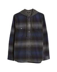 Vince Ombre Plaid Flannel Hooded Button Up Shirt