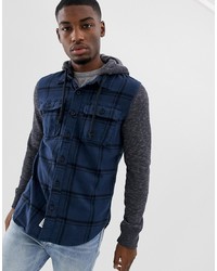 Hollister Check Flannel Shirt With Jersey Hood In Navy Plaid
