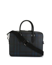Navy Plaid Leather Briefcase