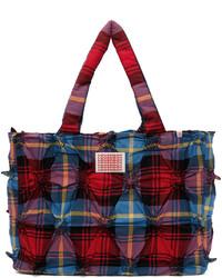 Navy Plaid Leather Tote Bag