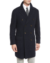 Brunello Cucinelli Glen Plaid Double Breasted Topcoat Navy