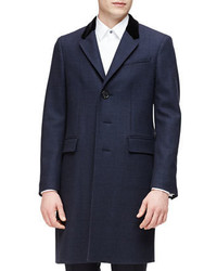 Burberry London Single Breasted Plaid Overcoat Navy