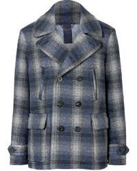 Burberry Brit Navy Wool Double Breasted Checked Paragon Pea Coat