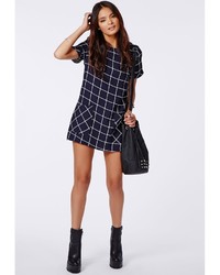 Missguided Reed Boxy Grid Check Shift Dress Navy