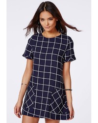 Missguided Reed Boxy Grid Check Shift Dress Navy