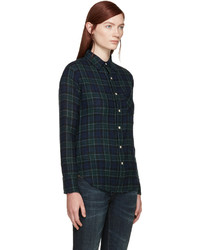 R 13 R13 Navy Plaid Slim Boy Raw Shirt