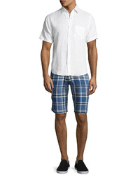 Neiman Marcus Linen Plaid Shorts Navy