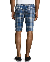 Neiman Marcus Linen Plaid Shorts Navy