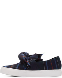 Cédric Charlier Navy Plaid Bow Slip On Sneakers