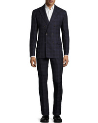 Brunello Cucinelli Madras Plaid Double Breasted Suit Blue