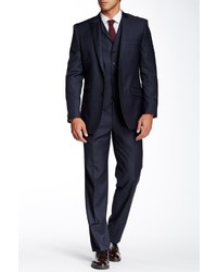 English Laundry Navy Plaid Two Button Peak Lapel Three Piece Wool Suit
