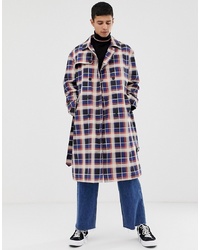 Collusion Trench Coat In Blue And Tan Check