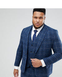 ASOS DESIGN Asos Plus Slim Suit Jacket In 100% Wool Harris Tweed In Blue Check