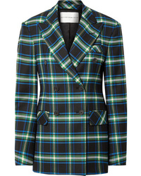 Navy Plaid Wool Double Breasted Blazer