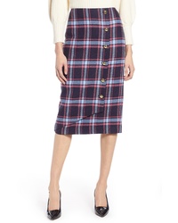 Navy Plaid Wool Pencil Skirt