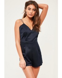 Missguided Petite Navy Satin Cross Back Detail Playsuit