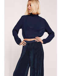 Missguided Pleated Turtle Neck Long Sleeve Crop Blouse Navy