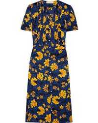 Altuzarra Madelena Pleated Floral Print Silk Jacquard Dress Blue
