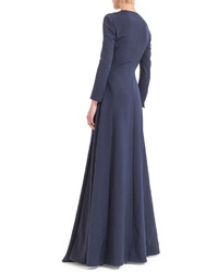 Akris Long Sleeve Silk Crepe Pleated A Line Gown Navy