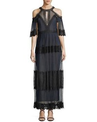 Marchesa Notte Pleated Cold Shoulder Tiered Lace Cocktail Dress
