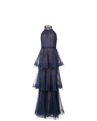 Navy Pleated Lace Evening Dress