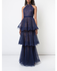 Marchesa Notte Pleated Lace Evening Dress