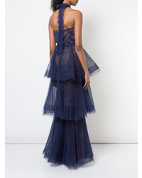 Marchesa Notte Pleated Lace Evening Dress