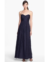 Amsale Pleated Lace Sweetheart Strapless Gown