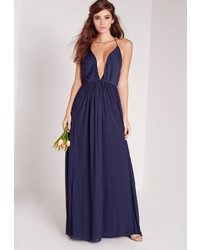Missguided Strappy Pleated Plunge Maxi Dress Navy