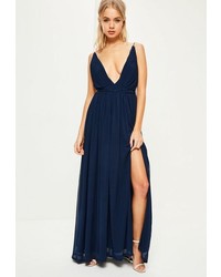 Missguided Navy Pleated Plunge Maxi Dress
